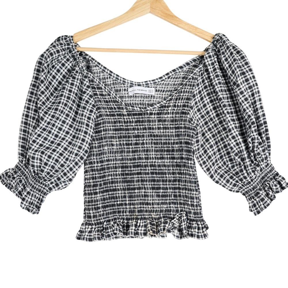 Faithfull The Brand Black White‎ Gingham Linen Smocked Puff Sleeve Blouse S